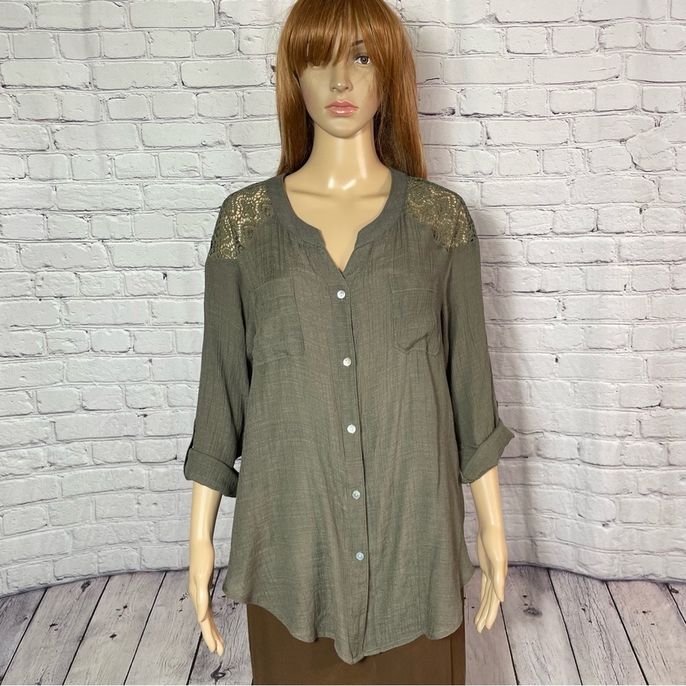 Alyx 3/4 Sleeve Lace Shoulder Olive Blouse Size XL